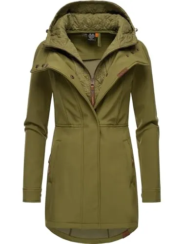 Ragwear Damen Softshellmantel lange Übergangsjacke Outdoormantel mit Kapuze Ybela Light Olive23 Gr. 4XL