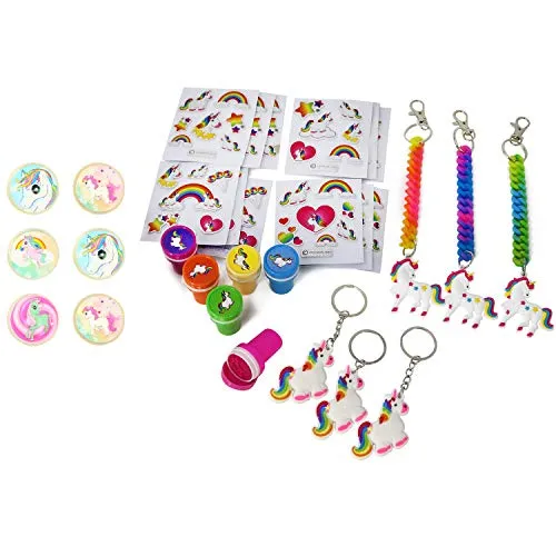com-four® 30-teiliges Mitgebsel Set mit Einhorn Motiven für Kindergeburtstage bestehend aus Stickern, Schlüsselanhängern, Flummi und Stempel [Auswahl variiert] (30-teilig - Set2)