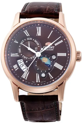 Orient Klassische Uhr RA-AK0009T10B - Armbanduhren für Herren mit elegantem Sun & Moon Zifferblatt, 43 mm roségoldenem Edelstahlgehäuse und präzisem mechanischem Uhrwerk für ständige Zuverlässigkeit.