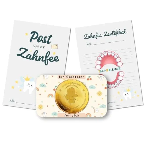 MilaBoo® Zahnfee Geschenk Kinder I Goldene Glücksmünze mit Urkunde & Zahnzertifikat I Geschenkset für Mädchen & Jungen zur Zahnübergabe (Zahnfee Glücksmünze)