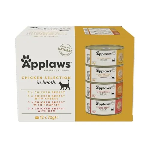 Applaws 100% natürliches Premium-Nassfutter für Katzen, Hühnerauswahl in Brühe für ausgewachsene Katzen - Packung mit 12 x 70g Dosen