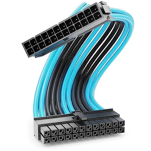 deleyCON 24-Pin ATX Netzteil Kabel Verlängerung 30cm - 18 AWG PSU Mainboard PC Computer Netzteil Nylon Stromkabel Stromversorgung Stecker auf Buchse - Schwarz Blau