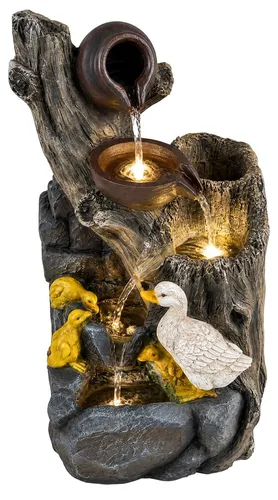 KOMFOTTEU 4-stufiger Gartenbrunnen mit LED-Licht und Entenmotiv