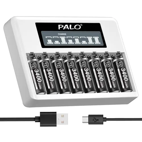 Akku batterien AA mit ladegerät -8 Stück 3400mWh AA Akkus Aufladbare 1.5V Mit 8 Slot LCD Individual Schnellladegeräte Für AA AAA Li-Ion Wiederaufladbare Batterien Mit Typ C und Micro USB Eingang