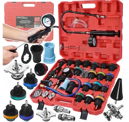 KRAFT&DELE | Kühlsystemtester, Kühlsystem Abdrückgerät, 27tlg, Kühlerabdrückgerät Druckluft Werkzeug, Kühlmittel Pumpe, Wassertank, Lecksucher Werkzeug