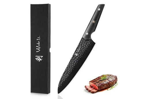 Wakoli Yugen Serie Chefmesser 20 cm - Küchenmesser aus hochwertigem 5Cr15MoV Edelstahl mit schwarzer Titanium-Beschichtung für exzellente Schärfe und Langlebigkeit. Ergonomischer G10-Griff bietet optimalen Halt und Komfort.