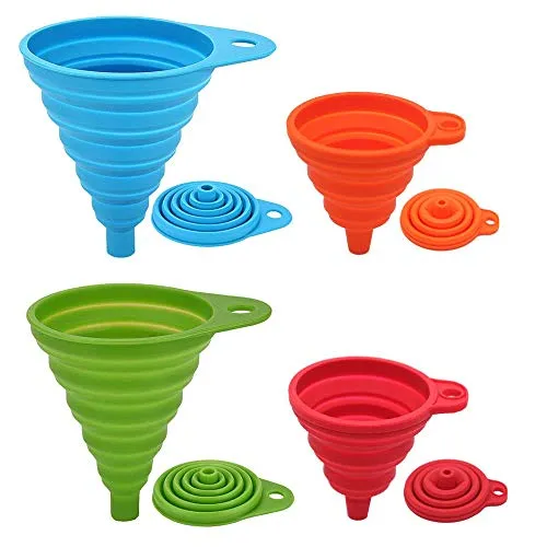 BREEZO Trichtersatz Faltbarer Trichter, 4er Pack Silikon-Trichter für Küche und Haushalt Wasserflaschen Öl Flüssigkeiten und Pulver, Lebensmittelecht, 4 Farben (2 Groß + 2 Klein)