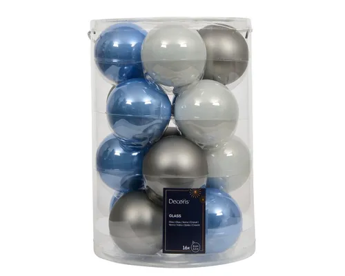 Kaemingk Weihnachtsbaumkugel, Weihnachtskugeln Glas 8cm 16 Stück - Blau / Grau Mix