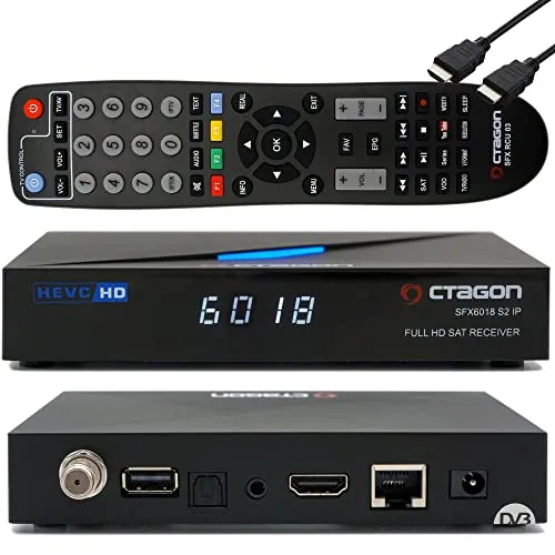 Octagon SFX6018 S2+IP no WiFi H.265 HEVC 1x DVB-S2 HD E2 Linux Smart Receiver, Satelliten Receiver mit Aufnahmefunktion, Kartenleser, YouTube, Web-Radio, EasyMouse HDMI-Kabel, Schwarz