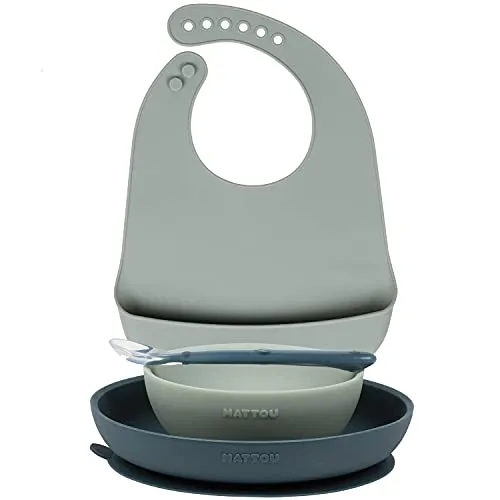 Nattou Silikon-Geschirr für Kinder, 4-tlg., 1 Löffel, 1 Teller, 1 Schale, 1 Lätzchen mit Auffangschale, BPA-frei, Silicon, Grün/Blau