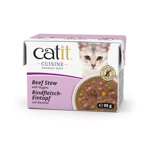 Catit Cuisine - Premium Nassfutter für Katzen - Eintopf mit Rinderfleisch und Gemüse, Ergänzungsfuttermittel, 95g, getreidefrei, hoher Fleischanteil