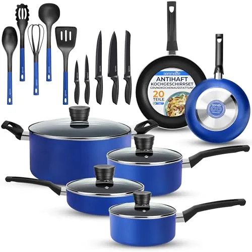 Produktbild SereneLife Töpfe und Pfannen Set, Kochgeschirr Set 20-Teilig, Antihaft Cookware Set Inkl. Topfset, Pfannenset & Küchenzubehör, für Gas, Elektro & Keramik, PFOA/PFOS frei, Spülmaschinenfest, Blau