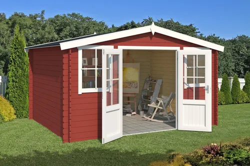 Gartenhaus Blockhaus Satteldach 28 mm Dallas rot 396x312 cm