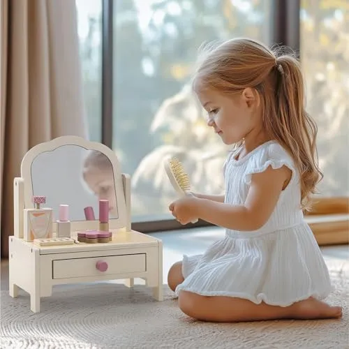 Navaris Schminktisch Kinder aus Holz ab 3 Jahre - Robustes Design - Zubehör wie Lidschatten Lippenstift Parfüm - Kleiner Schmink Tisch mit Spiegel - Schminktische klein für Mädchen