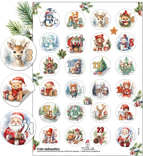 Adventskalender Zahlen Aufkleber - 24 Sticker Zahlenaufkleber 1-24 Weihnachten | Niedliche Adventsaufkleber für besondere Momente | Adventkalender Sticker