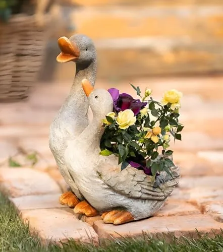 Dekoleidenschaft Pflanzer Gänsepaar aus Polyresin, wetterfest, Pflanztopf, Outdoor Blumentopf, Pflanzgefäß, Gartendeko für Außen