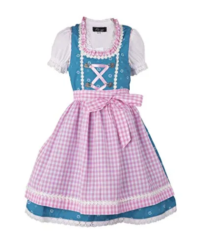 Ramona Lippert® Kinder Dirndl Set NINA - Türkis & Rosa - Festliche Tracht für Mädchen, ideal für besondere Anlässe wie Oktoberfest oder Hochzeiten. Hochwertiges 3-teiliges Set aus Kleid, Schürze und Bluse, fair und nachhaltig in der EU gefertigt.
