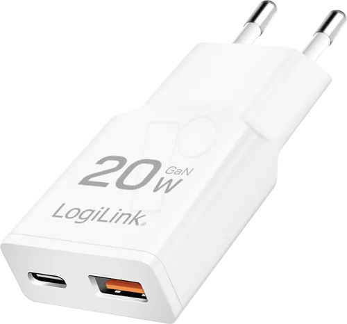 LOGILINK PA0346 - USB-Ladegerät, 20 W, 5-12 V, 1x USB-C, 1x USB-A, 20 W, GaN, weiß