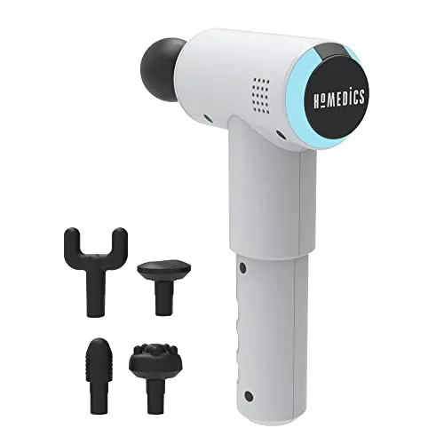 HoMedics Massage-Pistole Mini Massage Gun - Tragbares Physiotherapie-Körpermassagegerät für müde Muskeln - Professionelle Physio-Tiefenmassage - Inkl. 5 Massageköpfe, kabellos, wiederaufladbar - Weiß