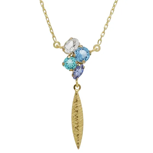 Victoria Cruz Kette mit Anhänger Lisbon - Goldfarbene Eleganz in Blautönen - Ketten mit Anhänger, aus poliertem 925 Sterlingsilber, vergoldet, mit blattförmigem Anhänger und funkelnden Kristallen in Blautönen für einen stilvollen Akzent.
