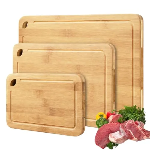 Schneidebrett Holz 3er Set Bambus Brett Schneidebretter Holzbrett Küche Holzschneidebrett Holzbretter Küchenbrett Holz Cutting Board Brotschneidebrett Frühstücksbrettchen Brettchen Groß&Klein (Natürl)
