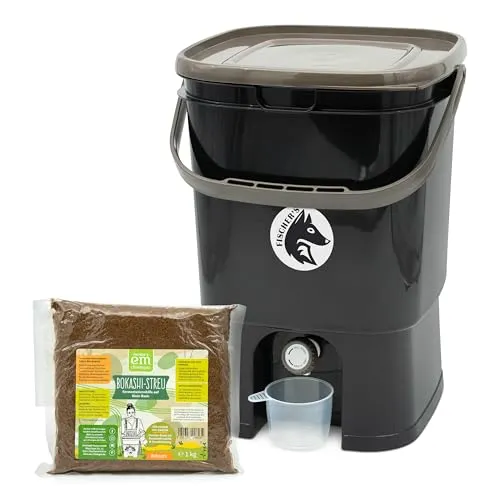 FairFox Bokashi Komposteimer Küche 19 L - Geruchsdicht - Küchenabfalleimer mit 1 kg Bokashi Ferment, ideal für geruchsarme Fermentation von Küchenabfällen. Perfekt für nachhaltige Nährstoffversorgung in Garten und Balkon.