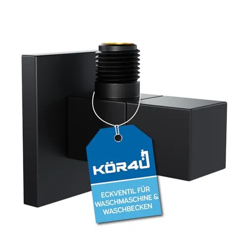 kör4u Design Eckventil 1/2 x 3/8 Zoll, schwarz matt, eckiges Wasserabsperrventil, Schnellverschluss, für Bad & Küche, inkl. Rosette