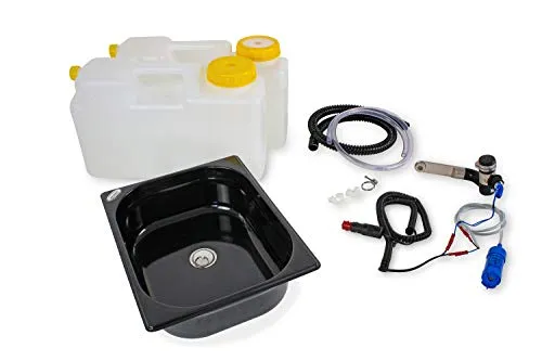 Wasseranlage Imbisswagen Verkaufsanhänger Campingküche 12v Bausatz Spüle dunkel 325x265x100 Barwig Schwarz/chrom Raumsparkanister 12L (ad-ideen)