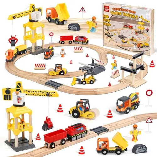 Lehoo Castle Holzeisenbahn, Spielzeug für Jungen ab 3 Jahren, Holz Eisenbahn Set mit Kran Spielzeug, Eisenbahn Kinder Elektrisch, Baustellenfahrzeuge Kinder