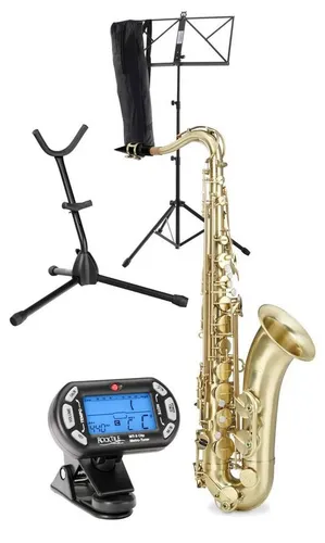 Classic Cantabile TS-450 Bb Brushed Tenorsaxophon Set - Tenorsaxophon aus gebürstetem Messing mit vollem Klang, ergonomischer Klappenmechanik und umfangreichem Zubehör-Set für den perfekten Einstieg.
