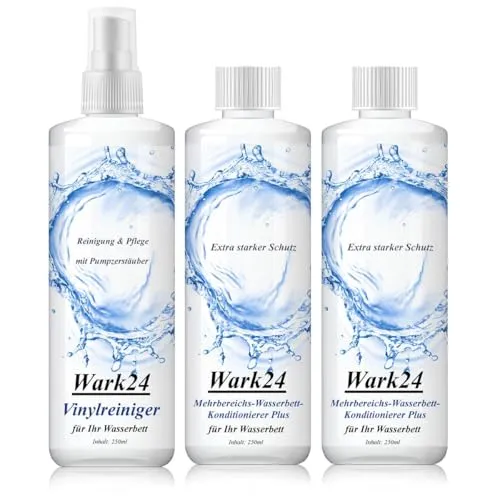 Wark24 Wasserbett Pflegeset, mit 2x250ml Konditionierer und 250 ml Vinylreiniger, für sauberes Wasser und optimalen Liegekomfort, gegen Mikroben, Algen und Bakterien