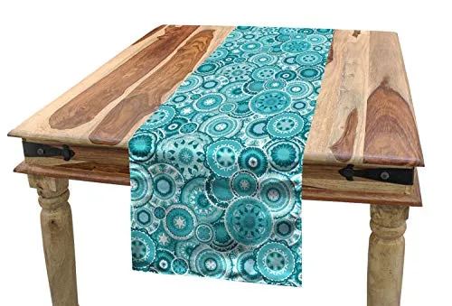ABAKUHAUS Wasser Tischläufer, Mandala Runde, Esszimmer Küche Rechteckiger Dekorativer Tischläufer, 40 x 225 cm, Türkisblaues Weiß