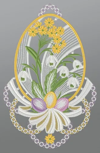 Plauener Spitze® Fensterbild Osterei mit Maiglöckchen - Schönes Fensterbild für Frühling und Ostern, harmonische Farbkombination aus Reinweiß und frischen Frühlingsfarben, ideal für eine stimmungsvolle Dekoration.