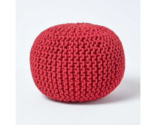 Homescapes Runder Strickpouf aus 100% Baumwolle, Rot - Stylischer Pouf für Wohnzimmer oder Schlafzimmer, aus 100% Baumwolle, ideal als Fußhocker oder Bodenkissen. Frischer Farbtupfer in leuchtendem Rot, perfekt kombinierbar.