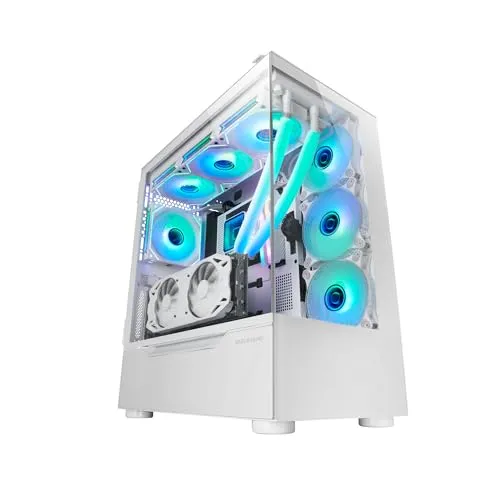 Mars Gaming MC-ULT, Custom XXL E-ATX Gaming-Gehäuse, Dual 90° Rahmenloses Gehärtetes Glas + Seitentür, Volle Flüssigkühlung, PC Tower mit Dual Vertical Chamber Design, Weiß