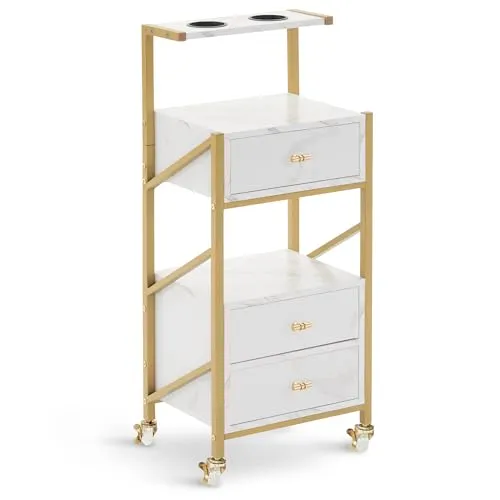 M MCombo Friseurwagen mit Rollen & 3 Schubladen - Haarschneider: Moderner Rollwagen mit großem Stauraum, 3 Schubladen und 2 Föhnhaltern, ideal für Friseursalons und Badezimmer.