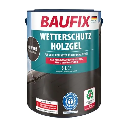 BAUFIX Wetterschutz-Holzgel schwarz, seidenglänzend, 5 Liter, Holzlasur, tropfgehemmte Holzlasur, für alle Holzarten, witterungsbeständig