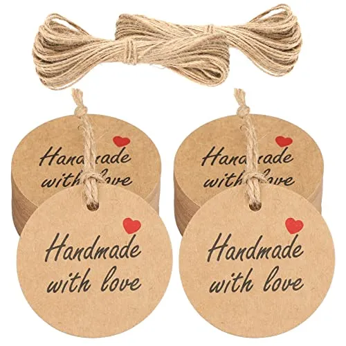 jijAcraft Handmade with Love Geschenkanhänger: Rund Kraftpapier Anhänger für Hochzeit 5CM Papieretiketten mit Schnur 100 Stück Braun Labels für Selbstgemachten Geschenk, DIY-Projekte