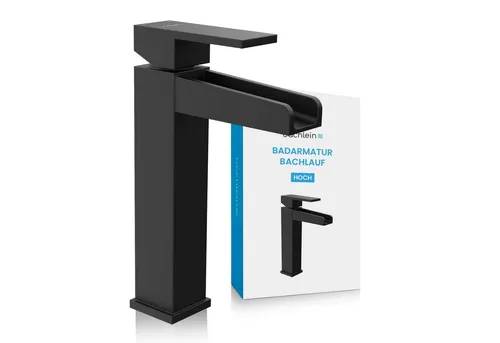 Bächlein Badarmatur Sotira hoch - Matt Schwarz Wasserhahn im Bachlauf-Design - Touch-On-Wasserhahn für Badezimmerwaschbecken, mit DVGW-geprüften Teilen und seidenweicher Keramik-Kartusche für maximale Langlebigkeit und ein angenehmes Wassererlebnis.