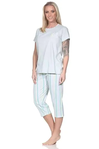 Normann Damen Schlafanzug Kurzarm Pyjama mit Capri-Pyjamahose in Streifenoptik, Farbe:grün, Größe:48-50