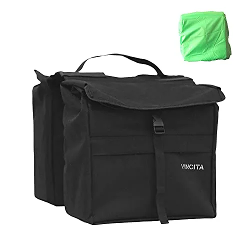 Vincita Top Load Double Pannier Wasserdicht Fahrradseitentaschen mit Regenschutz, groß, Tragegriff, reflektierende Punkte (Schwarz)