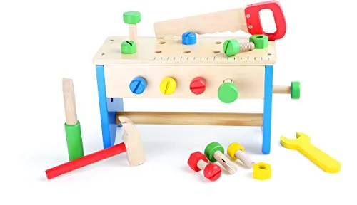 small foot 10052 Werkzeugkasten und Werkbank 2 in 1 aus buntem Holz, fördert motorische Fähigkeiten, ab 3 Jahren