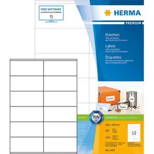 Herma Premium 4457 Etiketten 105 x 48 mm - 1200 Stück - Universal-Etiketten mit perfektem Druckereinzug und staufreiem Drucken. Ideal für Stapelverarbeitung und Seriendruck - 100% recyclingfähig und Made in Germany.