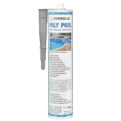 Everglue Poly Pool 1K MS-Polymer Montagekleber zum Kleben und Abdichten, unter Wasser einsetzbar, ohne Silikon, UV-beständig, bleibt dauerelastisch, Farbe: Grau, 440g Kartusche