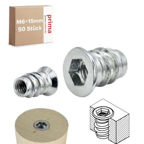 Einschraubmutter M6 x 15 mm – Einschraubmuffen/Eindrehmuffen aus verzinktem Stahl – Innengewinde für Holzbau & Möbelbau (50 Stück)