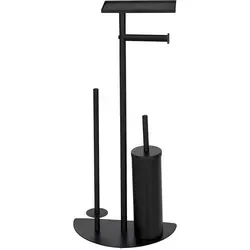 WENKO Stand WC-Garnitur Cosenza Neo - WC-Bürsten & Halter: 4-in-1 Lösung mit platzsparendem Design, eleganter matt schwarzer Stahloberfläche und rutschfester Ablage für Hygieneartikel.