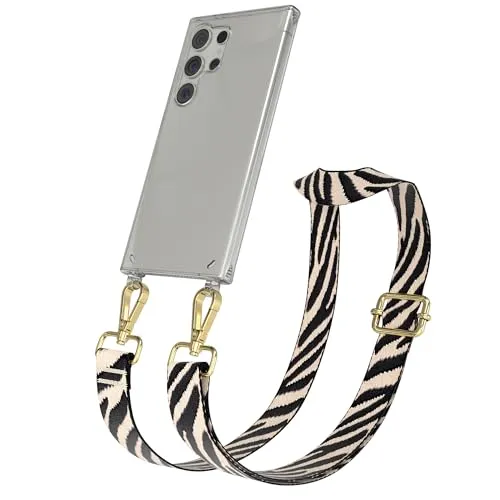 EAZY CASE Handykette - Verstellbares Taschenband kompatibel mit Galaxy S24 Ultra, Schulterriemen, Handykordel mit Silikon Hülle, Umhängetasche, Zebra - Schwarz Beige Gold