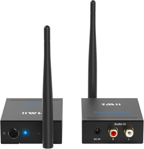 1Mii (1 TX + 1 RX) Drahtlos Audio Sender Empfänger, 2,4 GHz Funk Übertragung, Low Latency für HiFi-Musik von TV/PC zu Aktivlautsprechern/Subwoofer/Verstärker, Cinch-Anschluss, 100m Große Reichweite