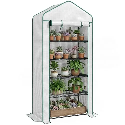 Outsunny Garten-Gewächshaus aus PE mit Regalen mit 5 Ebenen, Balkongewächshaus, verstärkte Plane 135 g/m², Gestell aus Stahl, Tür mit Reißverschluss, aufrollbar, für Gemüse, Pflanzen, Blumen, 90 x 49