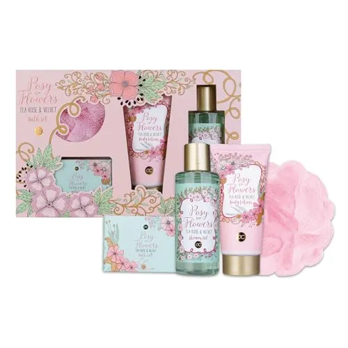 accentra - Geschenkset Frauen POSY OF FLOWERS 4-teilig - Badeset Geschenk mit Bodylotion, Badesalz, Duschgel & Netzschwamm – Wellness Set für Frauen & Mädchen zum Geburtstag & Valentinstag